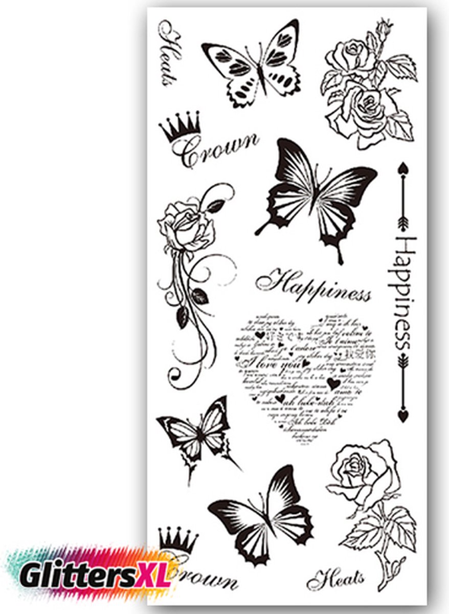 GlittersXL - Temporary Tattoo Vlinders/Rozen/Happiness/Hart (19x9 cm) [Neptattoo - Tijdelijke tatoeage - Nep Fake Tattoos - Water overdraagbare festival sticker henna outfit tattoo - Glitter tattoo - Volwassenen Kinderen Jongen Meisje]